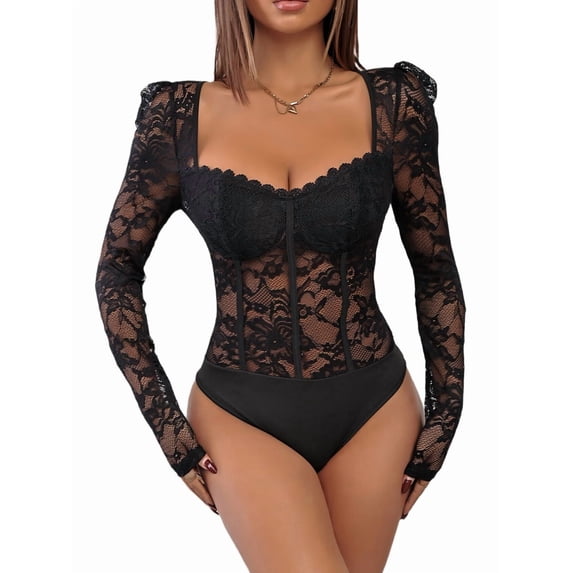 Women'S Sheer Floral Lace Long Sleeve Bodysuit Top Sweetheart Neck Bodysuit Black L