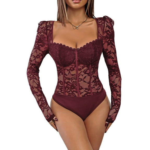 Women'S Sheer Floral Lace Long Sleeve Bodysuit Top Sweetheart Neck Bodysuit Wine Red M