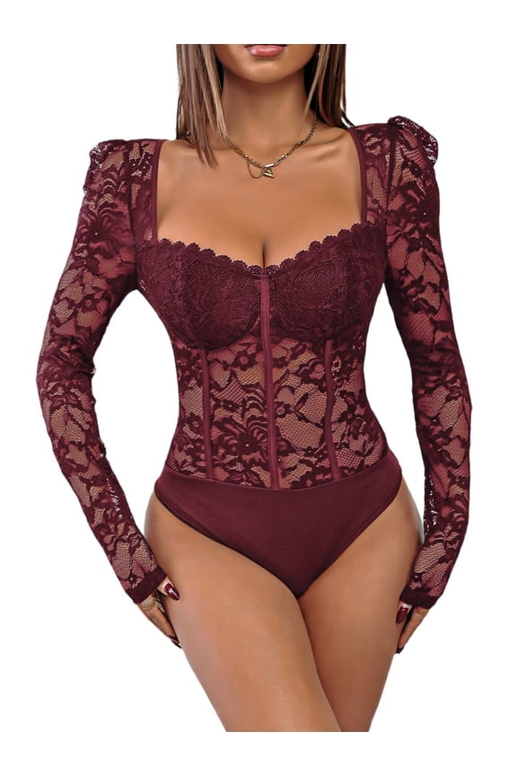 Women'S Sheer Floral Lace Long Sleeve Bodysuit Top Sweetheart Neck Bodysuit Wine Red S