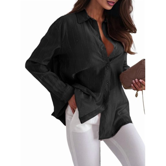 Women'S Sheer Mesh Button Down Shirt Top Long Sleeve Solid Color Hot Diamond Blouse Black XL