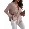 thumbnail image 1 of Women'S Sheer Mesh Button Down Shirt Top Long Sleeve Solid Color Hot Diamond Blouse Khaki L, 1 of 6