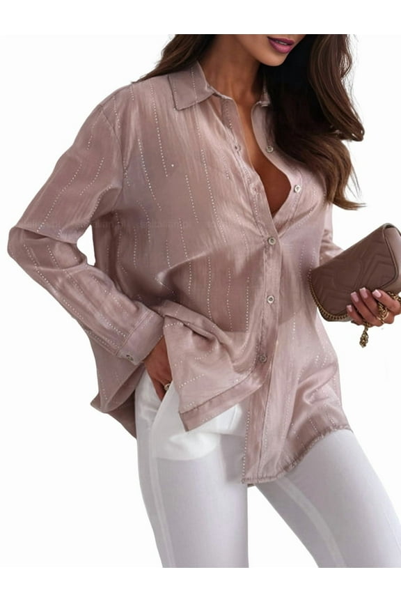 Women'S Sheer Mesh Button Down Shirt Top Long Sleeve Solid Color Hot Diamond Blouse Khaki XL