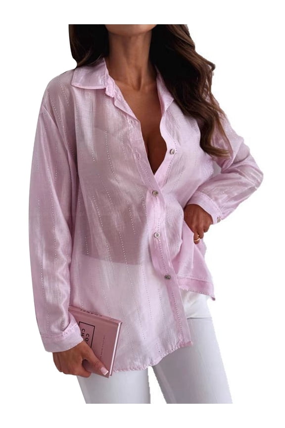 Women'S Sheer Mesh Button Down Shirt Top Long Sleeve Solid Color Hot Diamond Blouse Pink L