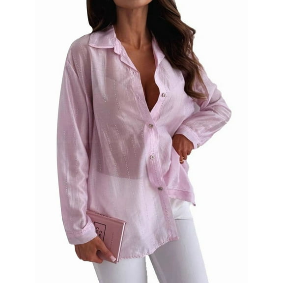 Women'S Sheer Mesh Button Down Shirt Top Long Sleeve Solid Color Hot Diamond Blouse Pink S