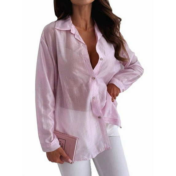 Women'S Sheer Mesh Button Down Shirt Top Long Sleeve Solid Color Hot Diamond Blouse Pink XXL