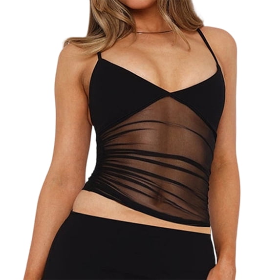 Women'S Sheer Mesh Camisole Tops Ruched V Neck Spaghetti Strap Crop Tank Top