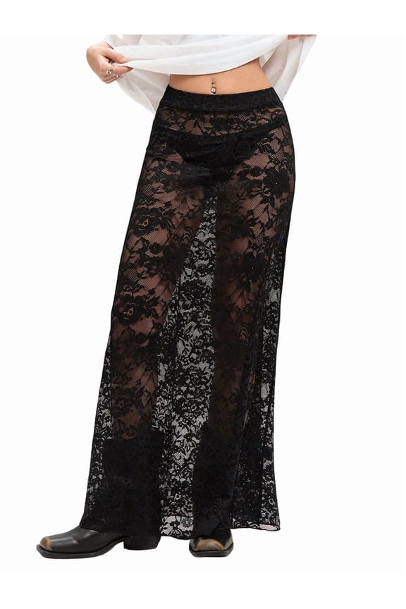 Women'S Sheer Mesh Lace Maxi Skirt Y2k See Through Flowy Long Skirt Black XL