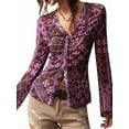 thumbnail image 1 of Women'S Sheer Mesh Long Sleeve Tops Print Button Down Ruched Y2k Blouse Shirts, 1 of 5