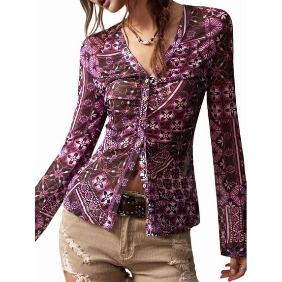 Women'S Sheer Mesh Long Sleeve Tops Print Button Down Ruched Y2k Blouse Shirts