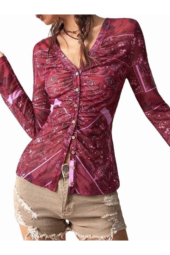 Women'S Sheer Mesh Long Sleeve Tops Print Button Down Ruched Y2k Blouse Shirts
