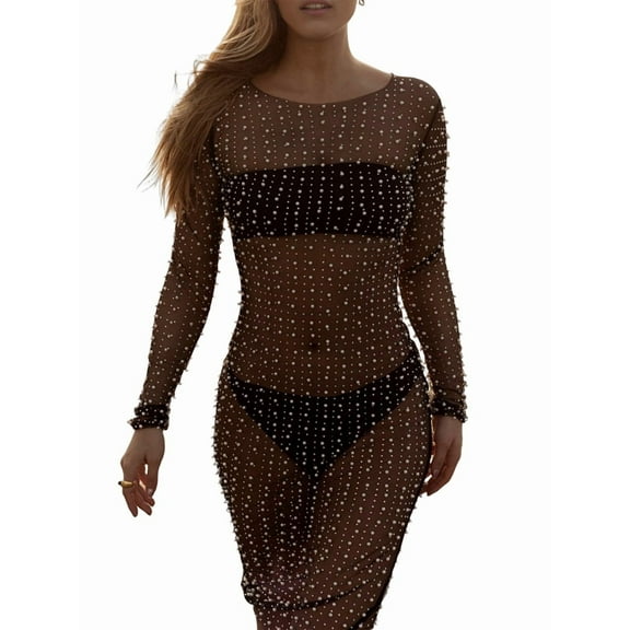 Women'S Sheer Mesh Pearl Rhinestone Cover Up Beach Dress Swimwear Bikini Swimsuit Bathing Suit Coverups Black S