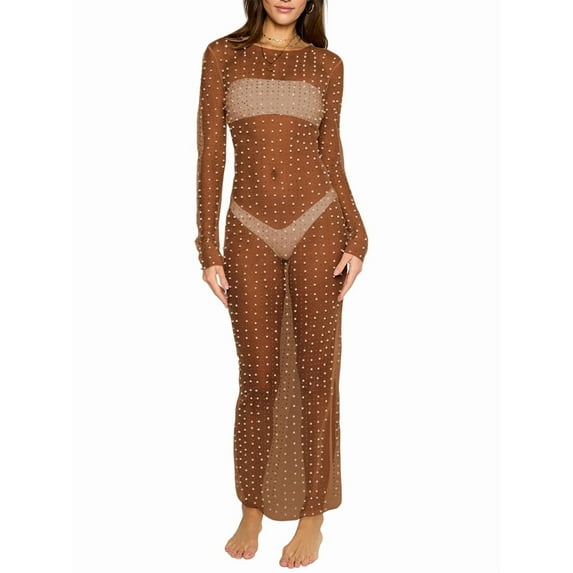 Women'S Sheer Mesh Pearl Rhinestone Cover Up Beach Dress Swimwear Bikini Swimsuit Bathing Suit Coverups Coffee Color L