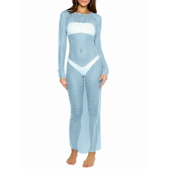 Women'S Sheer Mesh Pearl Rhinestone Cover Up Beach Dress Swimwear Bikini Swimsuit Bathing Suit Coverups Light Blue S