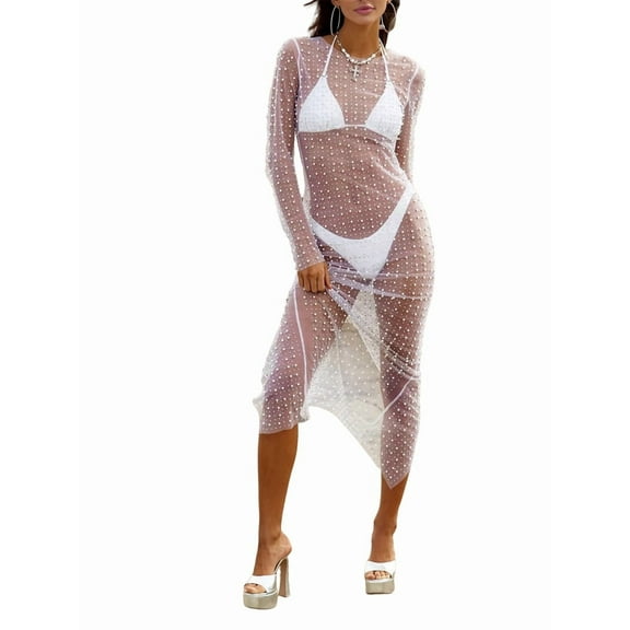 Women'S Sheer Mesh Pearl Rhinestone Cover Up Beach Dress Swimwear Bikini Swimsuit Bathing Suit Coverups White S