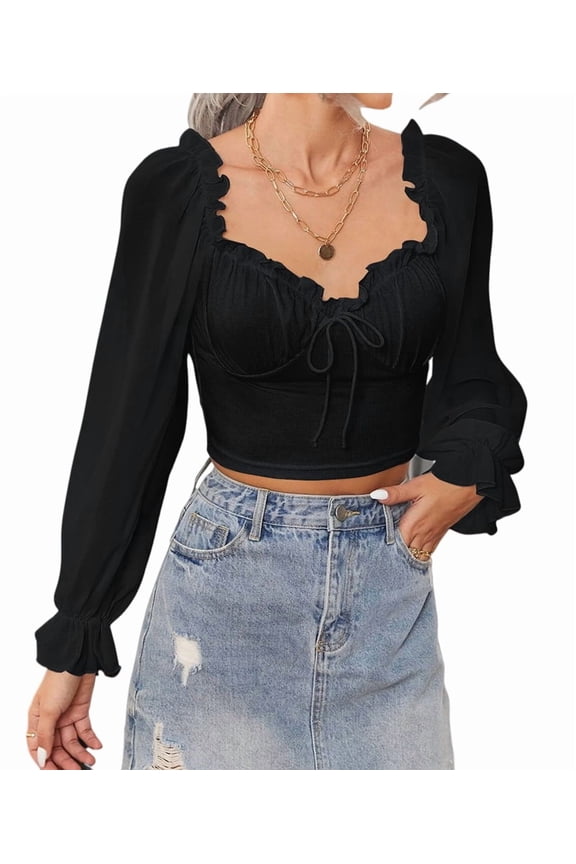 Women'S Sheer Mesh Sweetheart Neck Top Ruffled Flounce Long Sleeve Blouse Tied Detail Premium Fit Black L