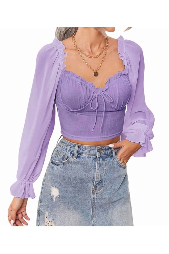 Women'S Sheer Mesh Sweetheart Neck Top Ruffled Flounce Long Sleeve Blouse Tied Detail Premium Fit L