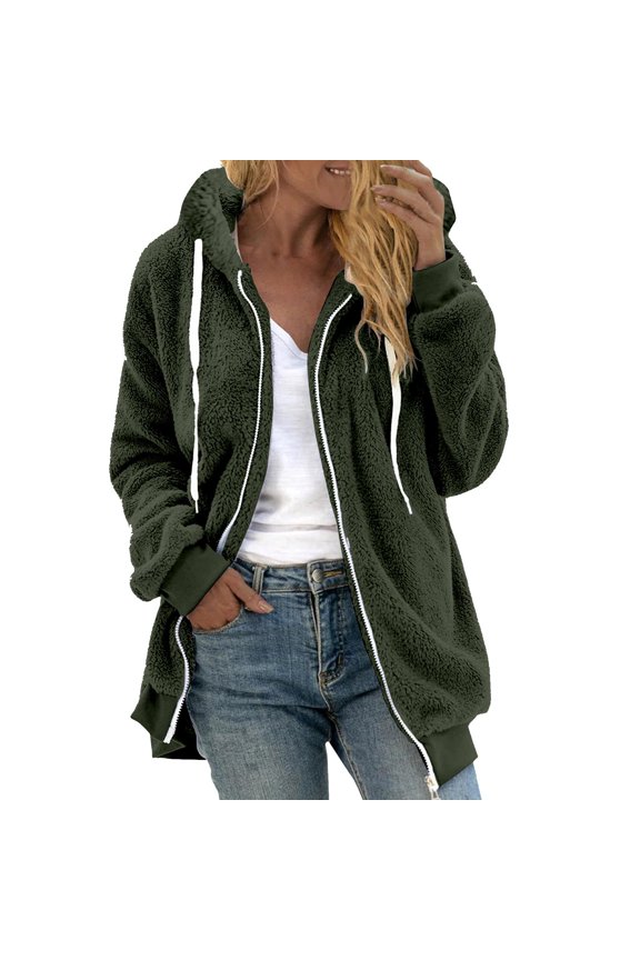 Women'S Sherpa Fleece Jacket Zipper V-Neck Pullover Tops Long Sleeve Hooded Blouse Sweatshirt Fashion Winter Outwear