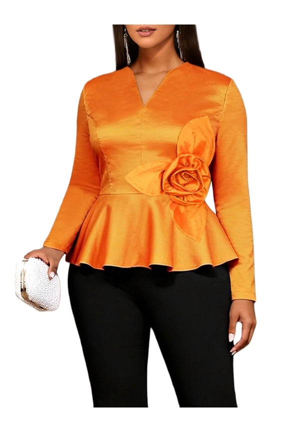 Women'S Shiny Orange V Neck Long Sleeve 3D Flower Peplum Top for Evening and Business Events L