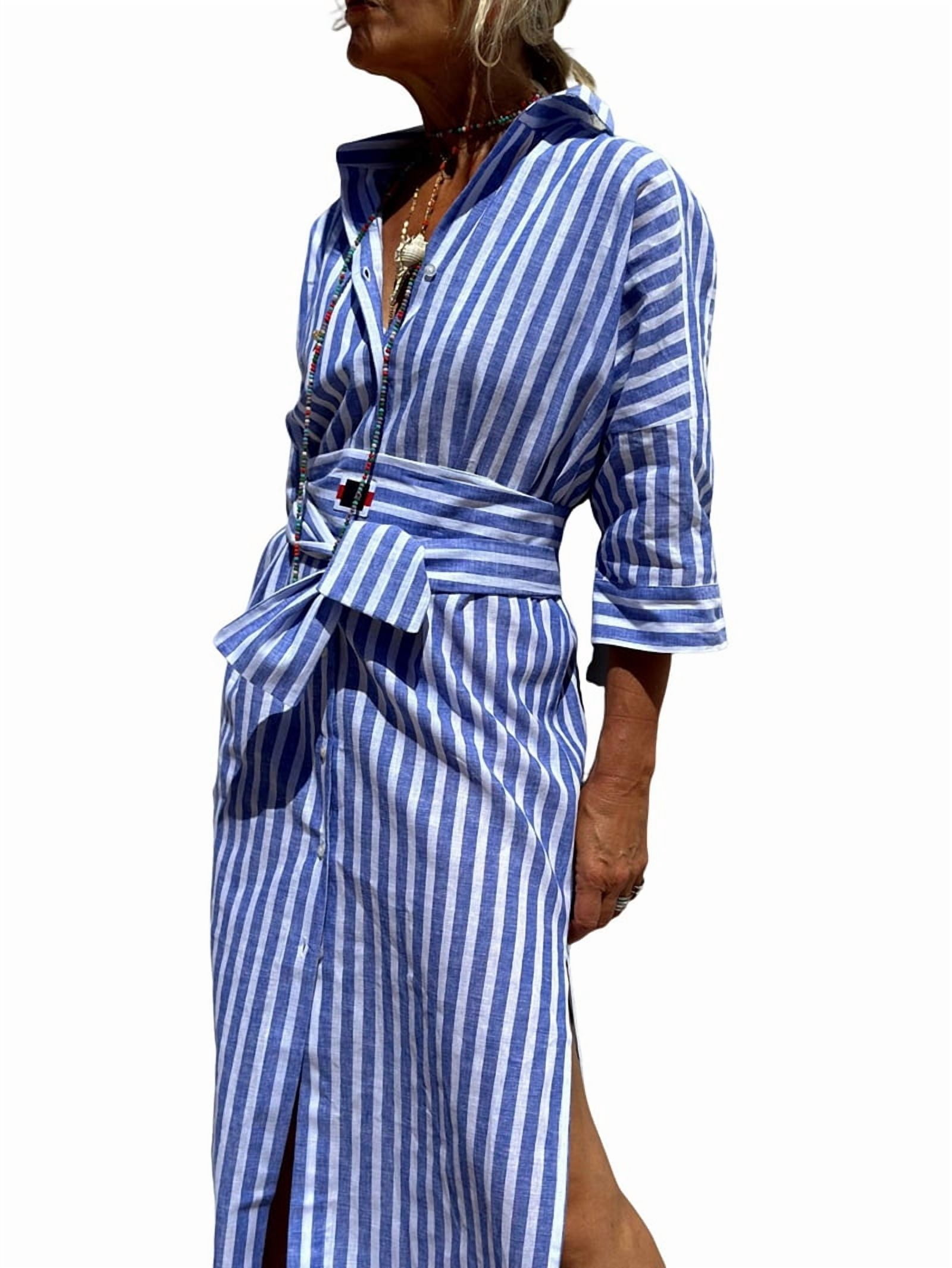 Women'S Shirt Dress Casual Lapel 3/4 Sleeve Button-Down Collar Slit Tie Resort Maxi Dress Blue L