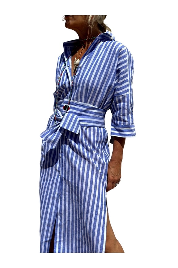 Women'S Shirt Dress Casual Lapel 3/4 Sleeve Button-Down Collar Slit Tie Resort Maxi Dress Blue S