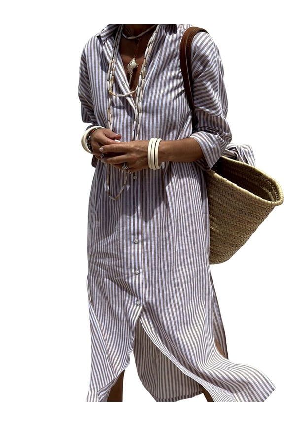 Women'S Shirt Dress Casual Lapel 3/4 Sleeve Button-Down Collar Slit Tie Resort Maxi Dress Brown M