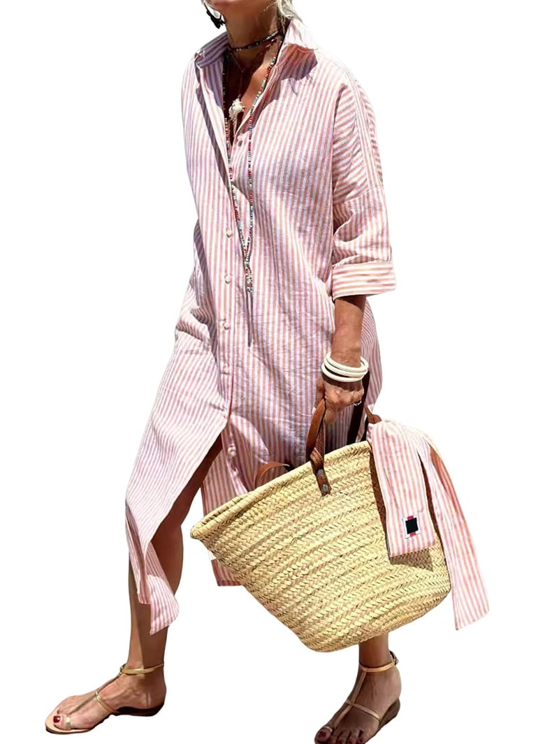 Women'S Shirt Dress Casual Lapel 3/4 Sleeve Button-Down Collar Slit Tie Resort Maxi Dress Pink XL