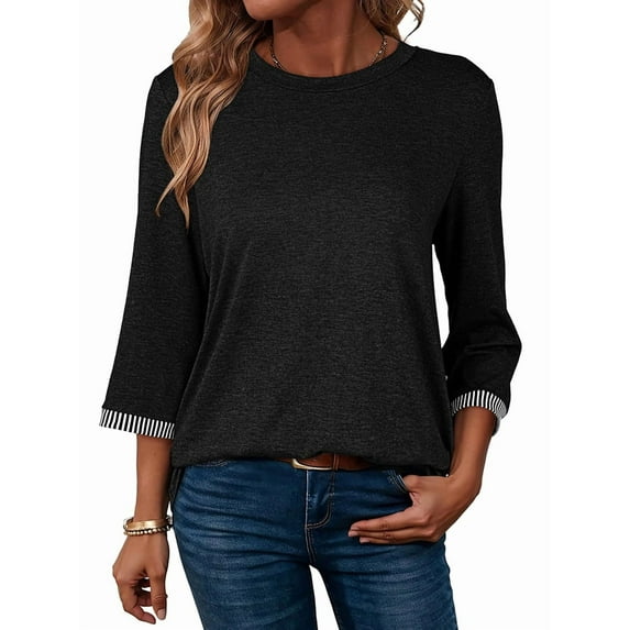 Women'S Shirts Fashion 3/4 Length Sleeve T Shirts Cute Crewneck Casual Tops Basic Blouses Black S
