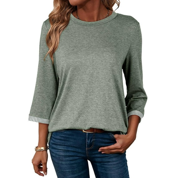 Women'S Shirts Fashion 3/4 Length Sleeve T Shirts Cute Crewneck Casual Tops Basic Blouses Green L