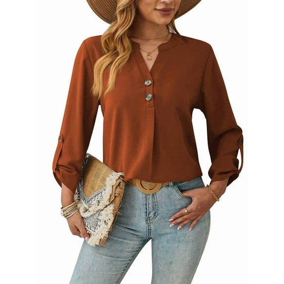 Women'S Shirts Loose Fit Lantern Long Sleeve Ladies Blouses Smocked Cuff Business Work Fall Tops Red Brown XL
