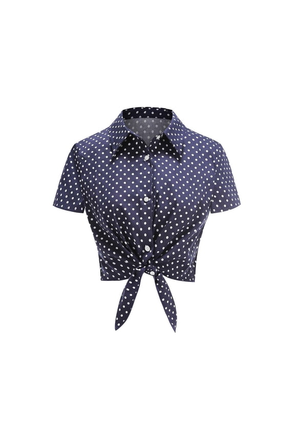 Women'S Shirts Polka Button Front Short Sleeve Blouse With Tailored Fit For Everyday Style Blue 2XL