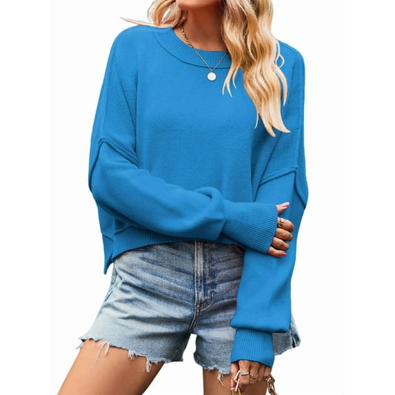 Women'S Short Batwing Hoodie 2025 Fall Outfits Trendy Crewneck Side Slit Fashion Pullover Tops Blue L