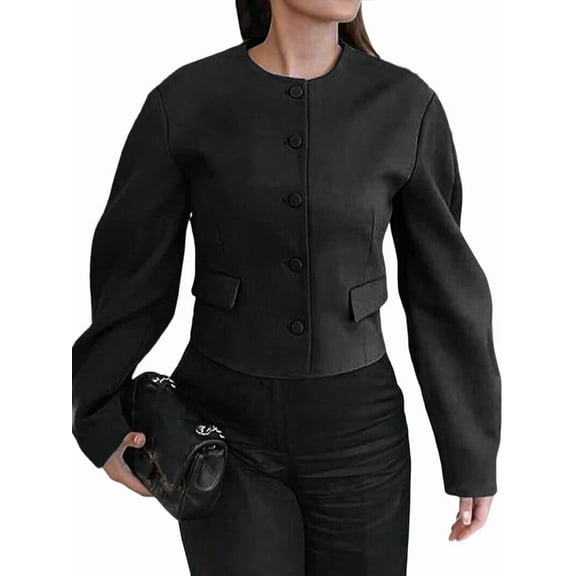 Women'S Short Blazer Button-Down Business Casual Autumn Clothing Winter Outerwear Black XL