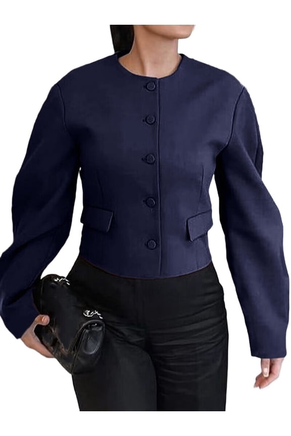 Women'S Short Blazer Button-Down Business Casual Autumn Clothing Winter Outerwear Dark Blue S
