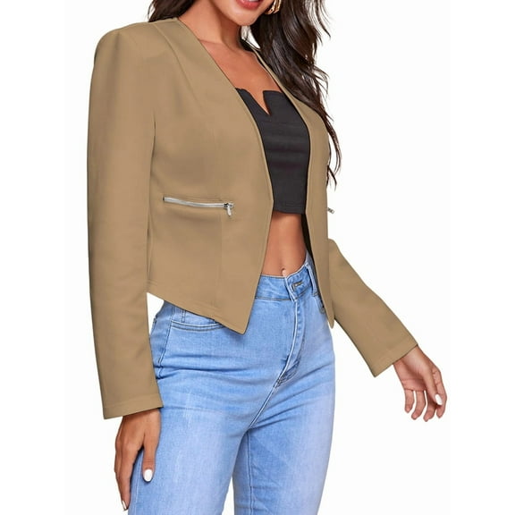 Women'S Short Blazer, Work/Casual Long Sleeve Front Opening Jacket with Pockets Khaki S