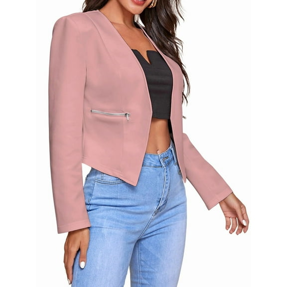Women'S Short Blazer, Work/Casual Long Sleeve Front Opening Jacket with Pockets Pink M