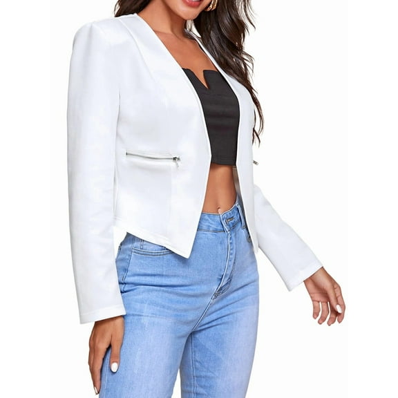 Women'S Short Blazer, Work/Casual Long Sleeve Front Opening Jacket with Pockets White S
