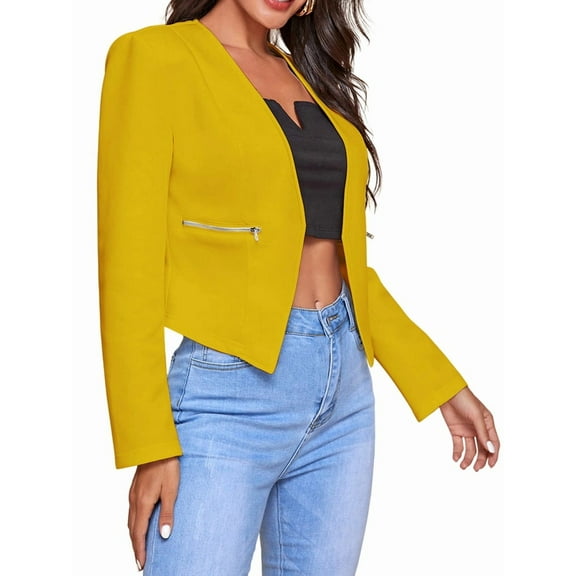 Women'S Short Blazer, Work/Casual Long Sleeve Front Opening Jacket with Pockets Yellow 4XL