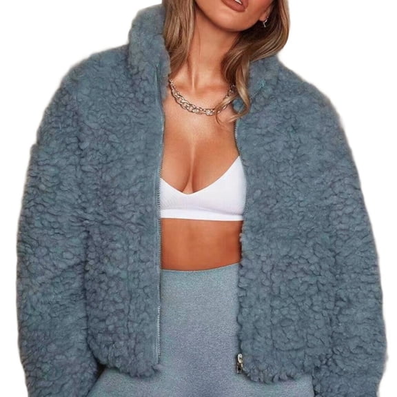 Women'S Short Coat Casual Jacket with Pockets Warm Winter Zip-Up Outwear Blue M
