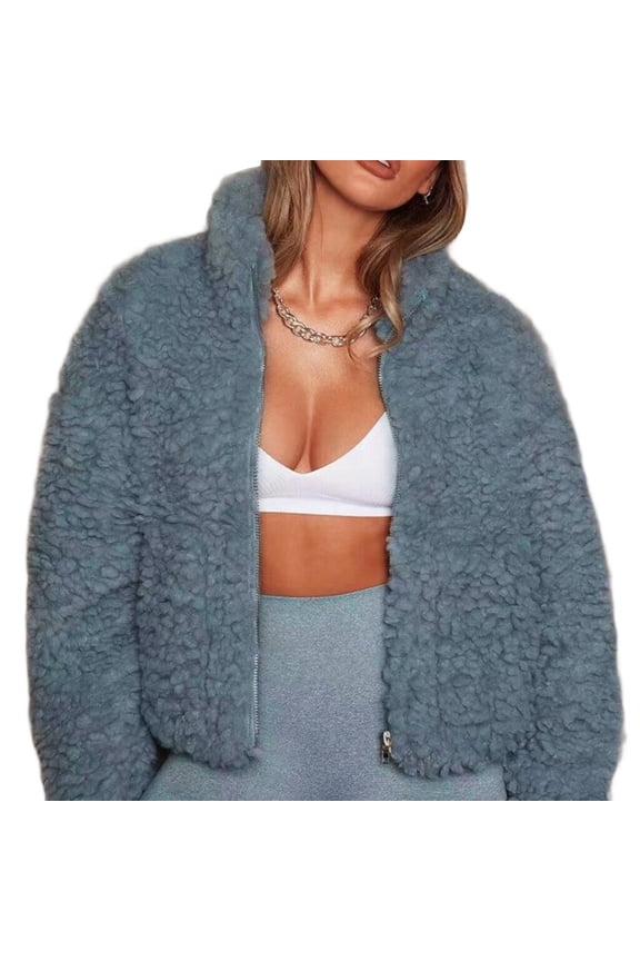 Women'S Short Coat Casual Jacket with Pockets Warm Winter Zip-Up Outwear Blue XXL