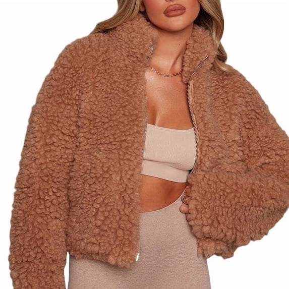 Women'S Short Coat Casual Jacket with Pockets Warm Winter Zip-Up Outwear Camel Color XXL