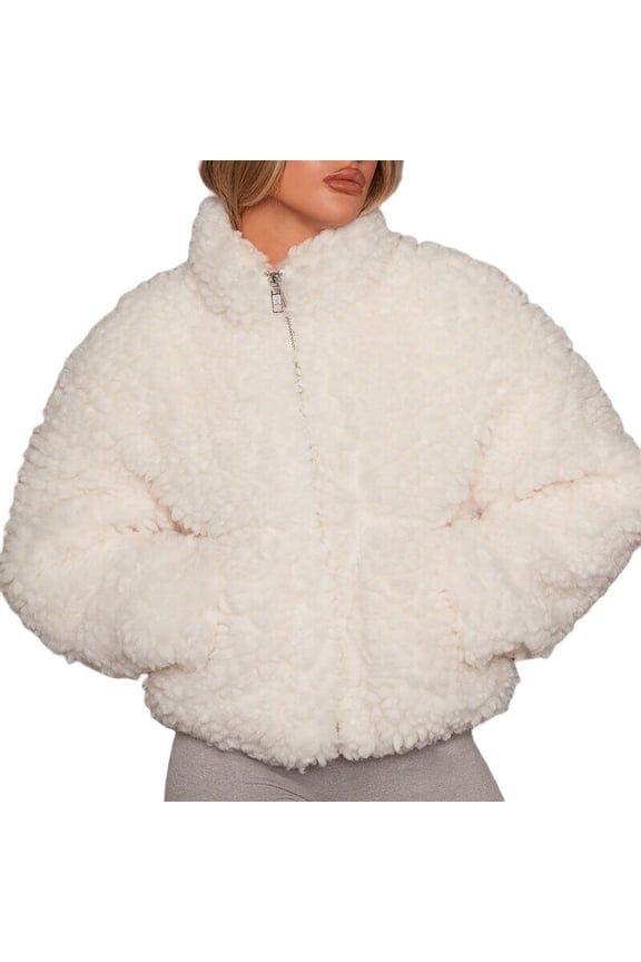 Women'S Short Coat Casual Jacket with Pockets Warm Winter Zip-Up Outwear Cream White S