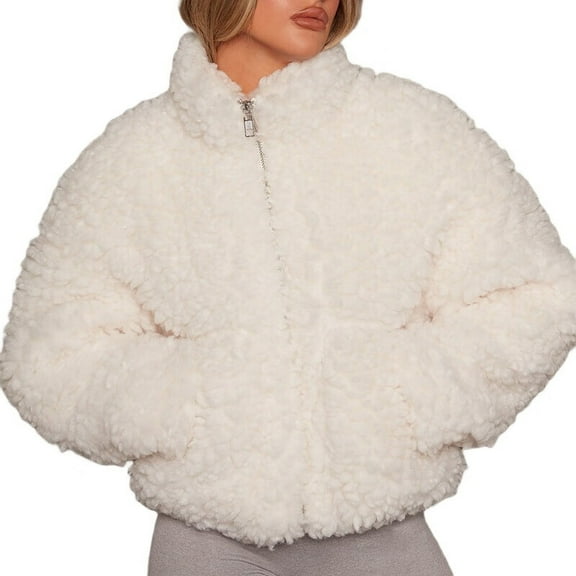 Women'S Short Coat Casual Jacket with Pockets Warm Winter Zip-Up Outwear Cream White XXL