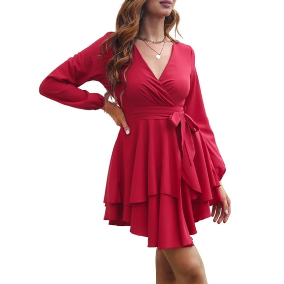 Women'S Short Dress Long Sleeve Deep V-Neck Waist Tie Ruffle Mini Swing - Dresses Wine Red L