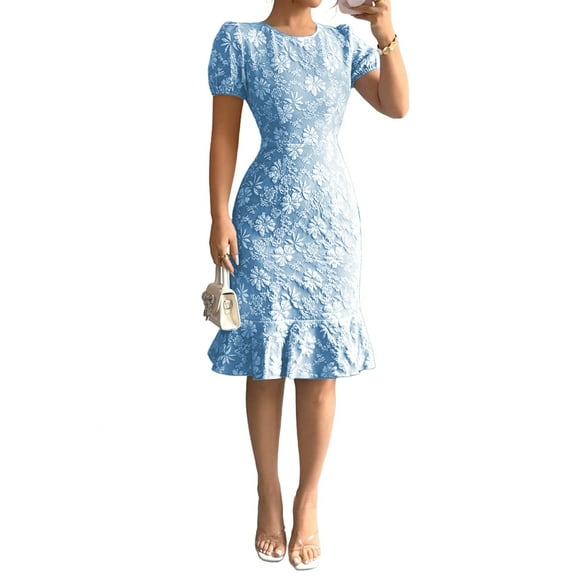 Women'S Short Puff Sleeve Jacquard Midi Dress Crew Neck Floral Bodycon Ruffle Mermaid Cocktail Dresses  Blue L