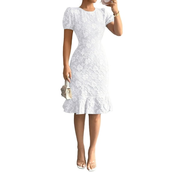 Women'S Short Puff Sleeve Jacquard Midi Dress Crew Neck Floral Bodycon Ruffle Mermaid Cocktail Dresses White XL