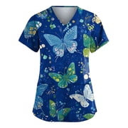 Womens Print Short Sleeve Scrub Top, V Neck Pockets Loose Breathable Polyester Spandex Nurse Workwear