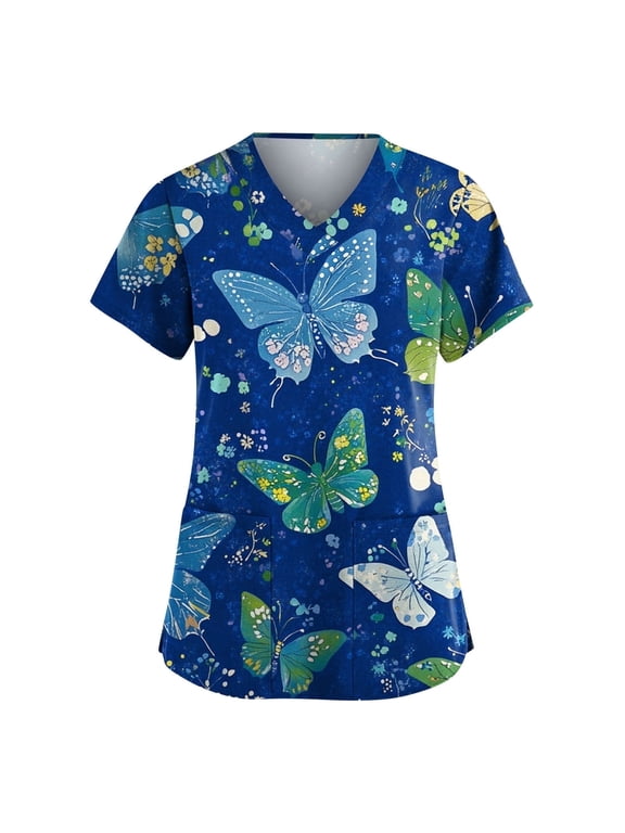 Women’s Animal Print Short Sleeve Scrub Top, V‑Neck with Pockets Loose Fit Breathable Polyester‑Spandex Medical Workwear for Nurses