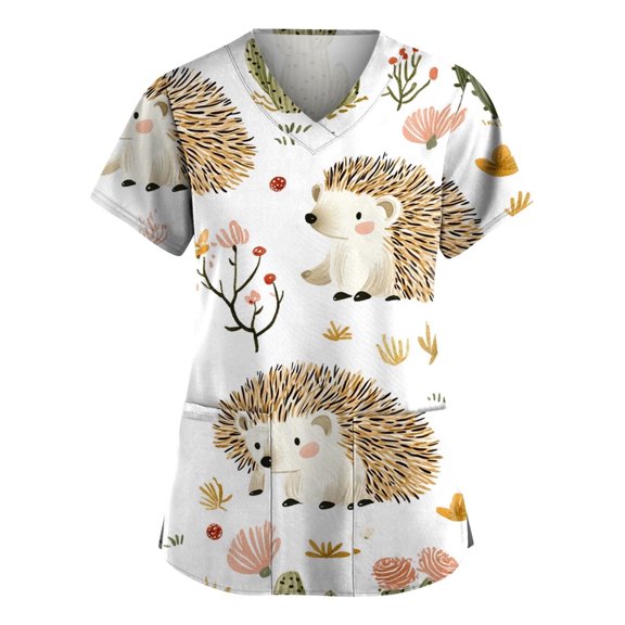 Women'S Short Sleeve Animal Print Scrubs, Scrub Tops For Women Breathable Workwear Scrubs Loose Fit Shirts V-Neck With Pockets Pink Nurses Dress Dresses Summer 2025 Beige