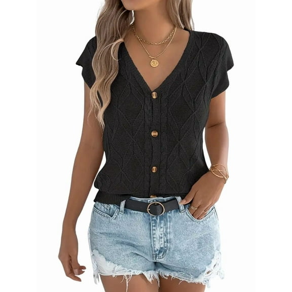 Women'S Short Sleeve Button Down Cardigan Sweater V Neck Cable Knit Shrug Vest Black L