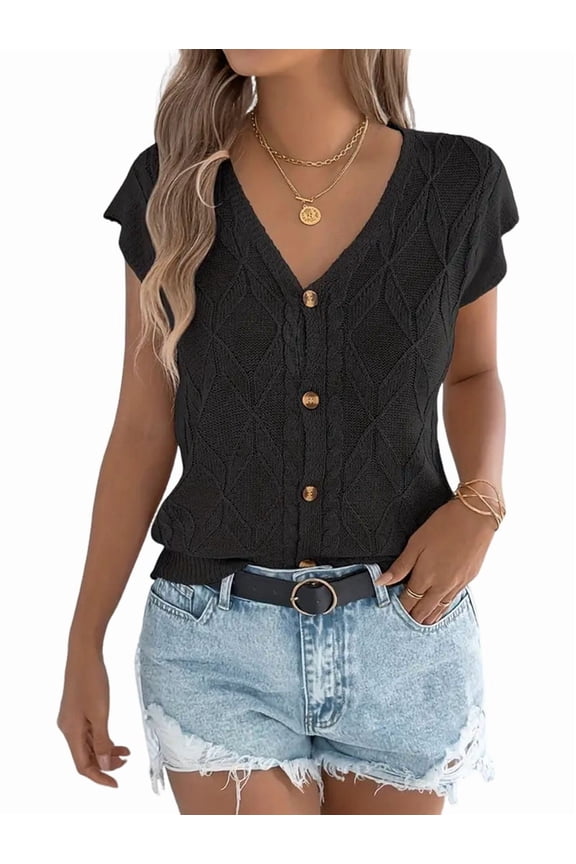Women'S Short Sleeve Button Down Cardigan Sweater V Neck Cable Knit Shrug Vest Black S